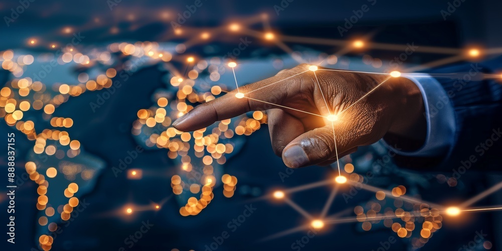 Poster glowing hand touching a glowing world map of connected lights