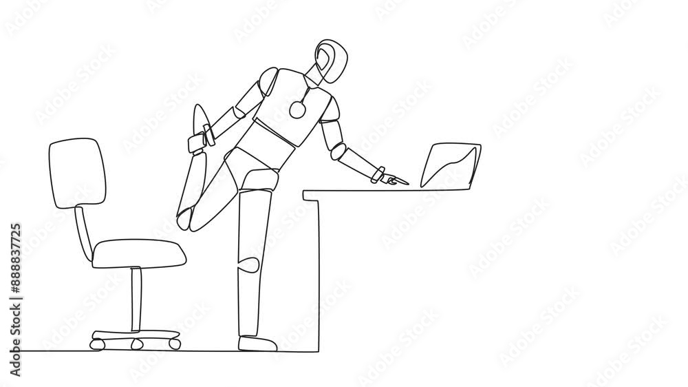 Poster animation of single continuous line drawing robot standing with one leg raised and his hand typing o
