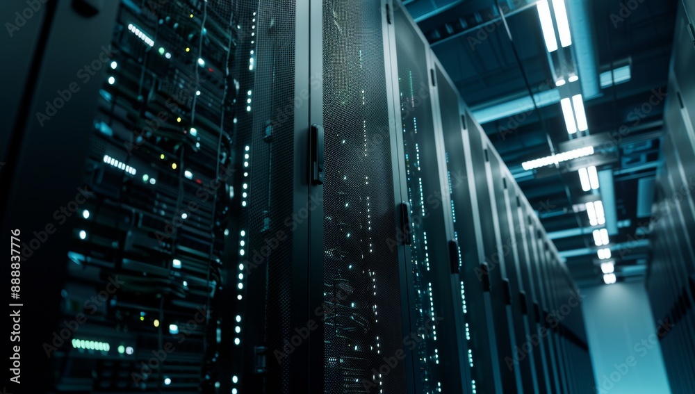 Poster Rows of tall black server racks with blinking lights in a modern data center