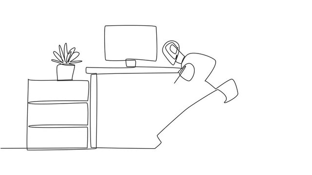 Animated self drawing single continuous line drawing robot sits in work chair with his legs straightened, hands hold legs. Feasibility trial. Algorithm improvements. Technology. Full length animation