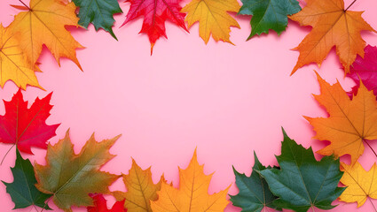 Fototapeta premium Autumn leaf with pink background, Autumn banner with orange leaves on pink background, copy space