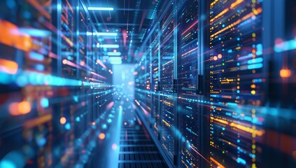 Futuristic glowing blue server room with bright lights and fast data transfer