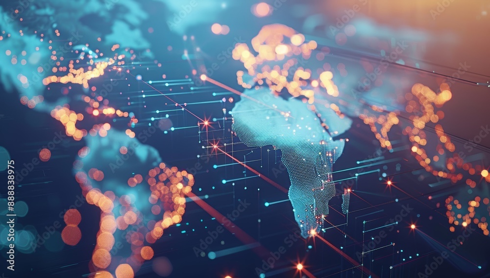 Poster Glowing blue and orange world map with glowing dots and lines representing global network connections
