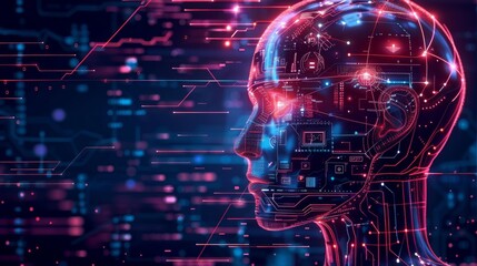 Side profile of a futuristic artificial intelligence computer head with glowing lines and data