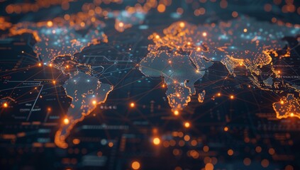 Glowing orange and blue world map with glowing dots and lines representing data transfer