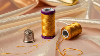 Gold thread spool and thimble on chiffon fabric, Luxurious gold thread on fabric, A spool of gold thread