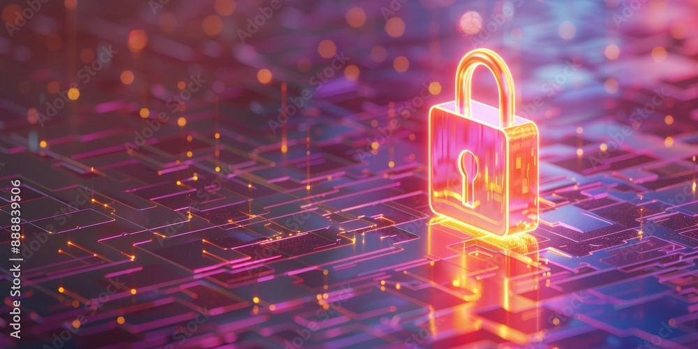 Poster glowing padlock on a futuristic circuit board with glowing nodes