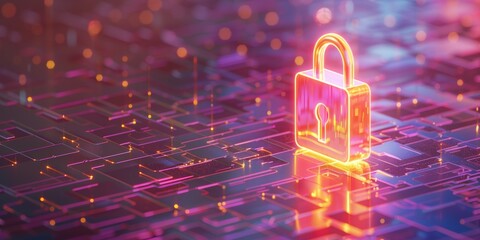 Glowing padlock on a futuristic circuit board with glowing nodes