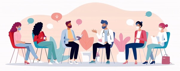 A vivid depiction of living with UTIs, highlighting support groups and medical care