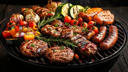 A grill full of meat and vegetables, including sausages, peppers, and tomatoes