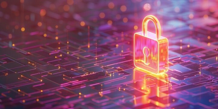 Glowing padlock on a futuristic circuit board with glowing nodes