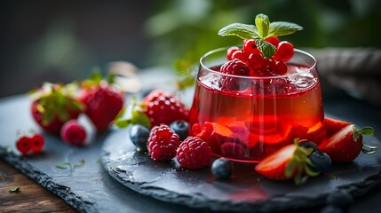 Fresh berries and fruit jelly for a warm dessert