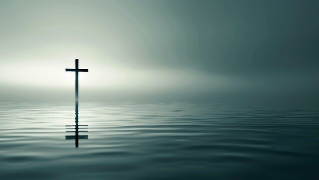 A large Christ wooden cross silhouette in water submerged in a lake with foggy background. 