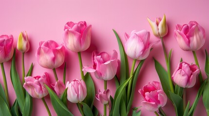 Naklejka premium Romantic floral arrangement with pink tulips on soft pink backdrop for special occasions