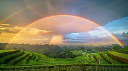 Obraz premium Scenic landscape with vibrant rainbow over lush green rice terraces during sunset