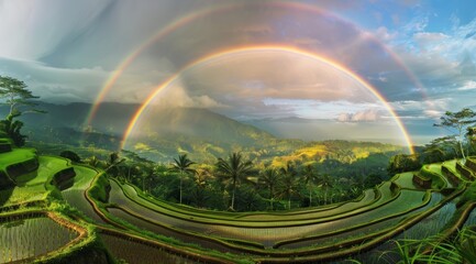 Fototapeta premium Stunning landscape of terraced rice fields with vibrant rainbow and lush greenery