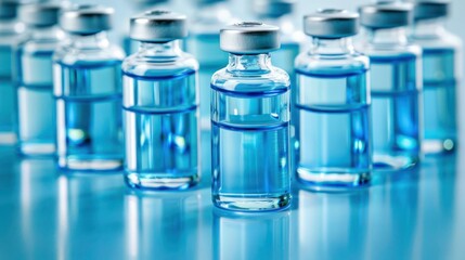 Group of Vaccine bottles. Medicine in ampoules. Glass vials for liquid samples in laboratory. 