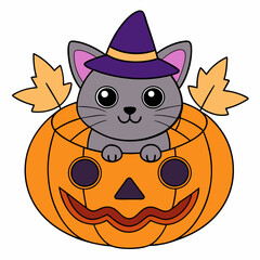 Vector illustration of a cute cat in a witch's hat inside a carved pumpkin with Halloween decorations on a white background for Cat Day