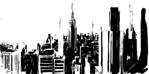 Vector art black and white skyline aerial view at dusk.