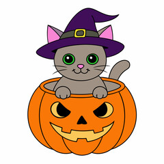 Vector illustration of a cute cat in a witch's hat inside a carved pumpkin with Halloween decorations on a white background for Cat Day