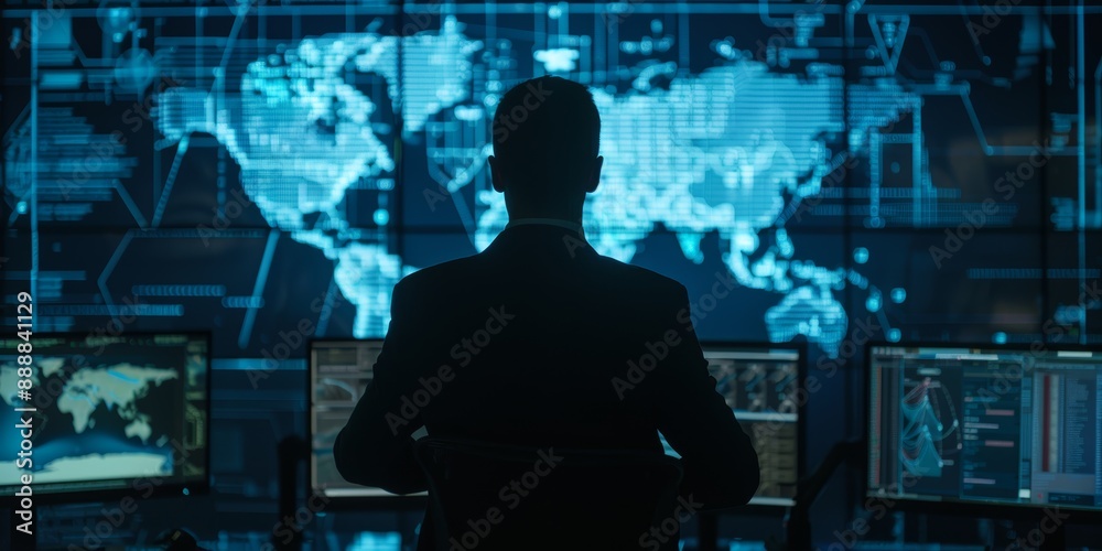 Poster Man in suit looking at a digital world map on a large screen with multiple monitors in a dark room