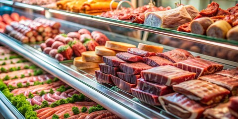 A Showcase of Cured Meats, Freshly Cut and Ready for the Grill, meat market , meat , butcher , food