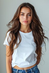 Fototapeta premium White tshirt mockup on woman model created with Generative AI