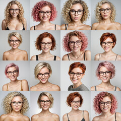 Different hair type, pink, blonde, brown, smiling and with naked shoulder and neck woman webcam faces on white and grey backgrounds.. The females have glasses. 