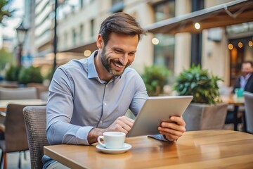 Man Using Tablet at Outdoor Cafe.