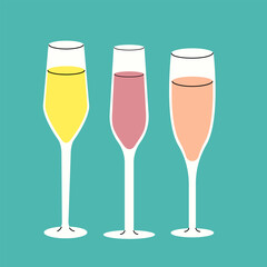 Three Champagne Flutes on Teal Background