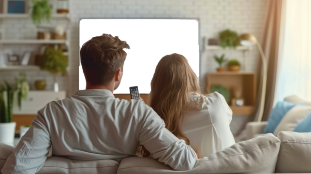 Family with remote control sitting on couch and watching TV at home, Rear view, Blank white TV Screen