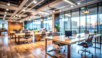 Blurred Abstract Office Interior with Wooden Floor and Natural Light.