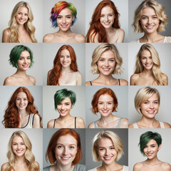 Different hair type, pink, blonde, brown, smiling and with naked shoulder and neck woman webcam faces on white and grey backgrounds.. 