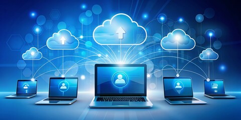 Cloud Computing Network with Laptops, Cloud Storage, Data Transfer, Network, Data
