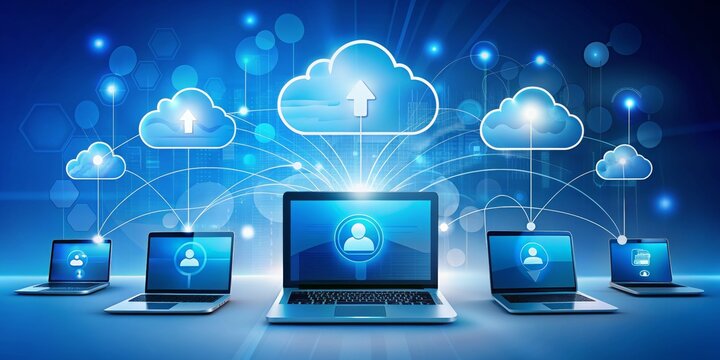 Cloud Computing Network with Laptops, Cloud Storage, Data Transfer, Network, Data