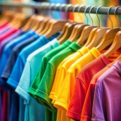 Obraz premium Colorful T-Shirts on Wooden Hangers, Rainbow, Fashion, Clothing, Retail