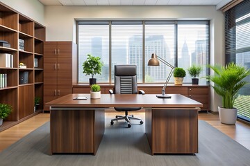 Modern Office Desk with City View.