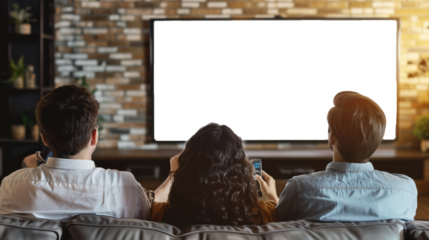 Family with remote control sitting on couch and watching TV at home, Rear view, Blank white TV Screen