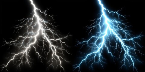 Dual Lightning Strike White and Blue Electric Bolts on Black Background, digital art, lightning bolt, electricity, storm, nature , energy