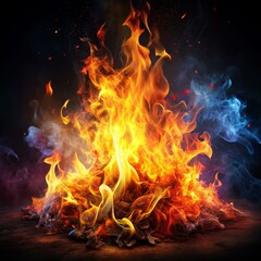 Fototapeta premium Fiery Inferno with Blue Smoke, Digital Painting, Flames and Smoke, Burning Embers, Heat, Fire, Smoke