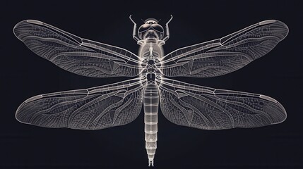 Illustration of a detailed dragonfly with transparent wings on a dark background, capturing the intricate structure.