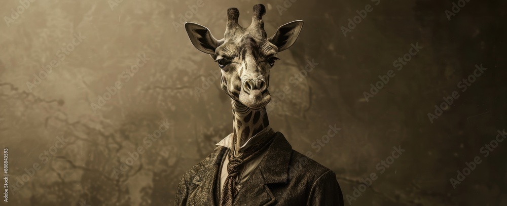 Wall mural surreal and artistic image of a giraffe wearing a vintage suit and tie against a textured background