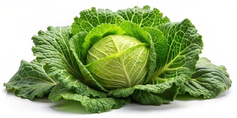 Fototapeta premium Fresh Green Savoy Cabbage on White Background, cabbage, vegetable, food, healthy,