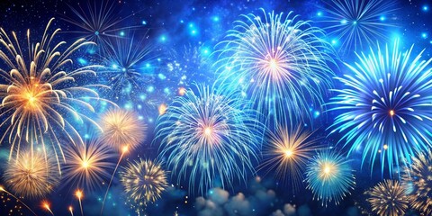 Fototapeta premium Golden and Blue Fireworks Display on Night Sky, Fireworks, Celebration, New Year, Holiday