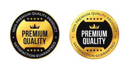 100 percent premium quality satisfaction guaranteed. Vector circle black and gold isolated on white with stars and crown. For icon, logo, label, seal, tag, sign, seal, symbol, badge, stamp, sticker