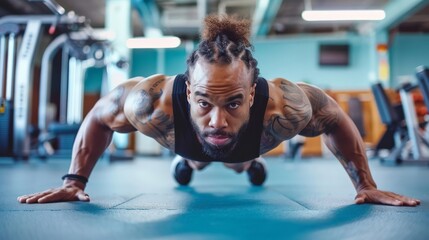 A man performing push-ups on a gym floor, focused and determined, with exercise equipment visible in the background