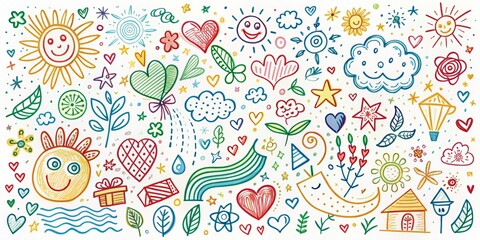 Naklejka premium Hand Drawn Colorful Doodle Pattern, Crayon , Doodle Art, Illustration, Kids Drawing