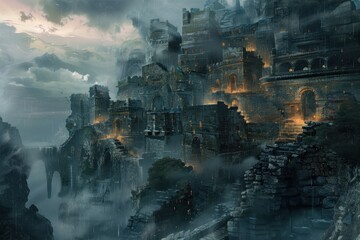 Medieval Castle Ruins Overlooking Misty Mountain Landscape