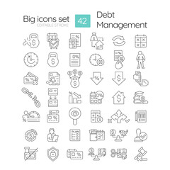 Debt management linear icons set. Bank statement, balance sheet. Detailed budget, loan. Payment terms. Customizable thin line symbols. Isolated vector outline illustrations. Editable stroke