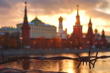 Obraz premium View on Kremlin Palace, Moscow, through a barbed wire at sunset. Russian capital. Razor wire near Kremlin, Russian Federation. Censorship. Restrictions. Politics. Isolation. Sanctions. Russia. Control